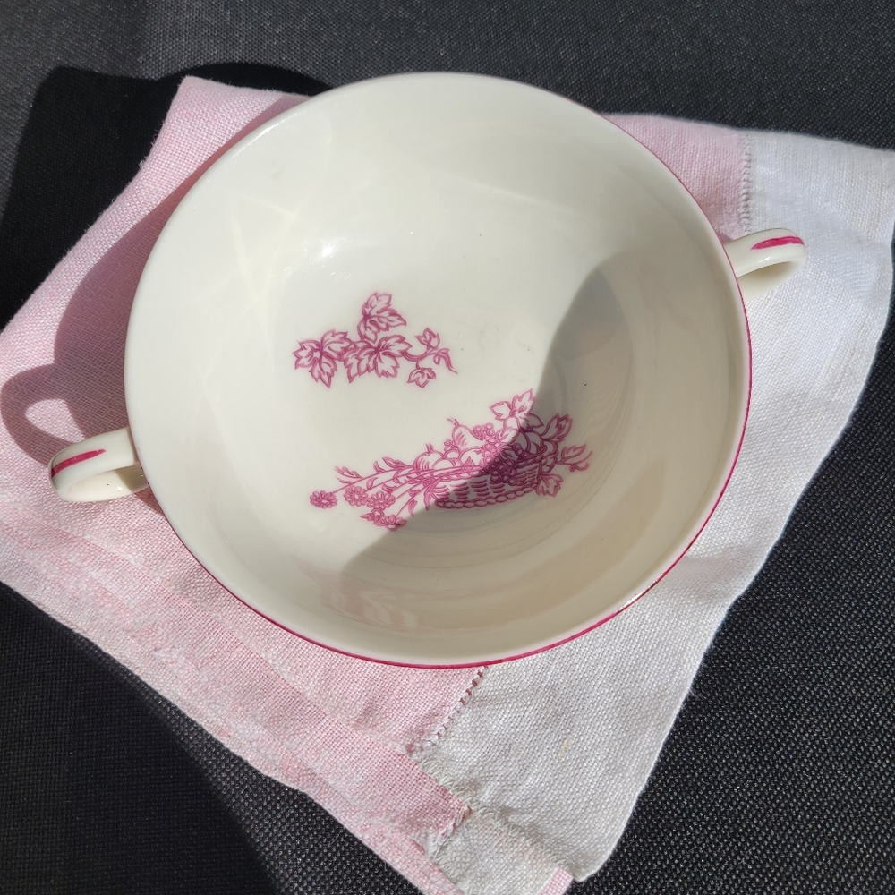 Theodore Haviland Soup Bowl & Pink Linen Tea Towel ~ Cottage ~ Shabby Chic ~ VTG